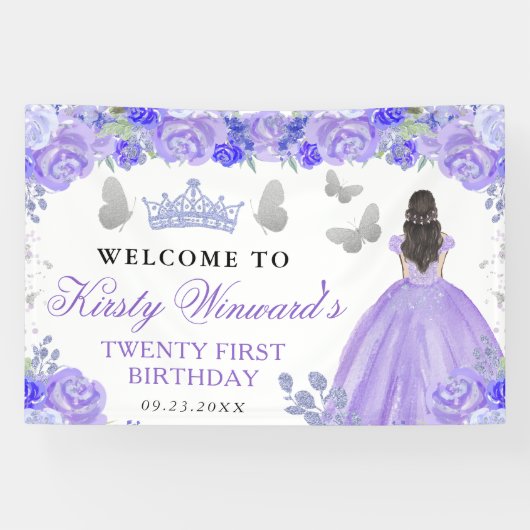 Purple Dress Brunette Princess Floral Birthday 横断幕 (横)