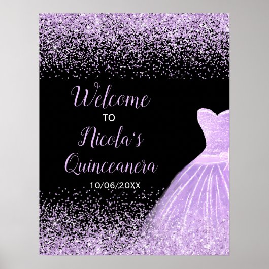 Purple Dress Faux Glitter Quinceanera Welcome ポスター (正面)