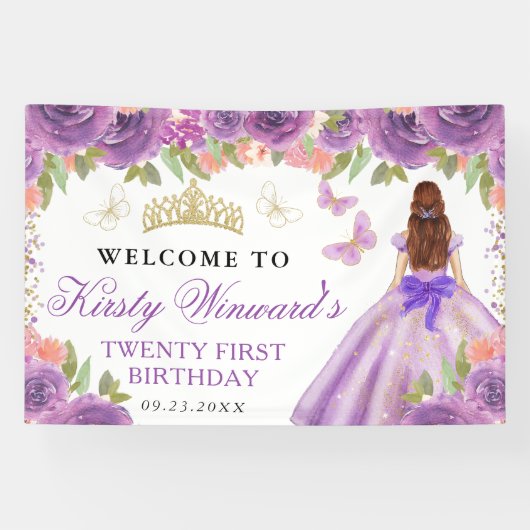 Purple Dress Red Haired Princess Floral Birthday 横断幕 (横)