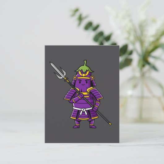 Purple Eggplant Samurai Warrior with Spear Illustr ポストカード (スタンド正面)