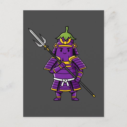 Purple Eggplant Samurai Warrior with Spear Illustr ポストカード (正面)