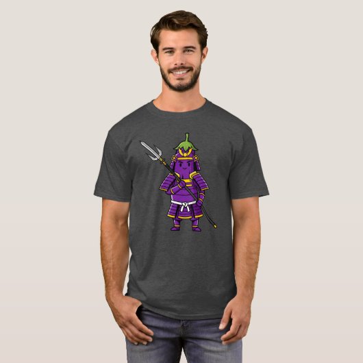 Purple Eggplant Samurai Warrior with Spear Illustr Tシャツ (正面フル)