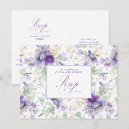 Purple Elegant Botanical Wedding RSVP Postcard ポストカード