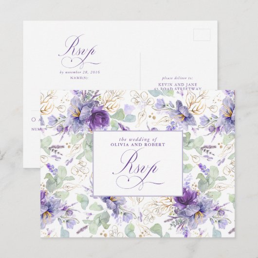 Purple Elegant Botanical Wedding RSVP Postcard ポストカード (正面/裏面)