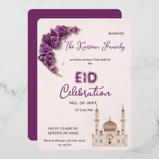 Purple Elegant Eid Celebration  Party Invitation 箔シーズンカード (正面/裏面)