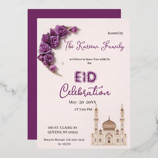 Purple Elegant Eid Celebration  Party Invitation 箔シーズンカード (正面/裏面)