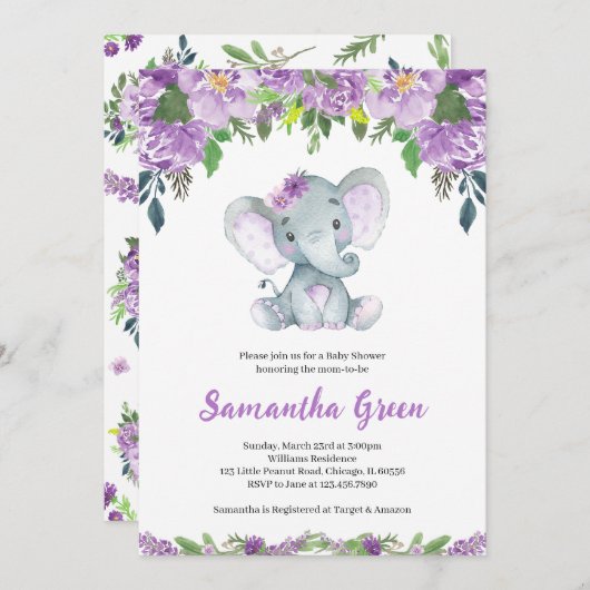 Purple Elephant Baby Shower 招待状 (正面/裏面)