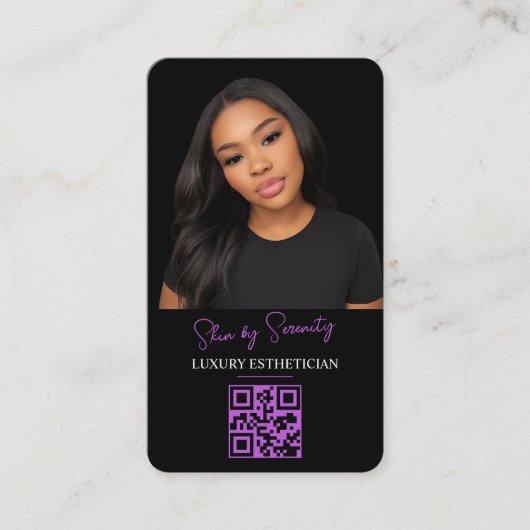 Purple Esthetician QR Code Luxury Black Beauty 名刺 (正面)