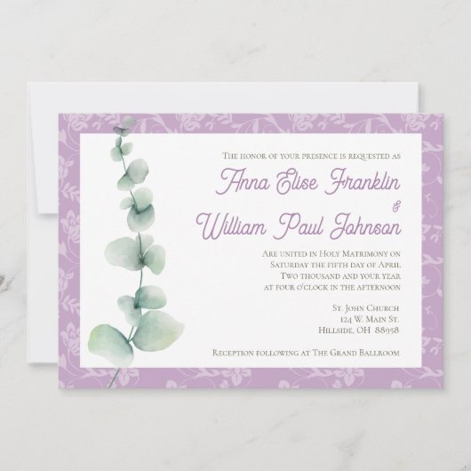 Purple Eucalyptus Floral Wedding Invitation 招待状 (正面)