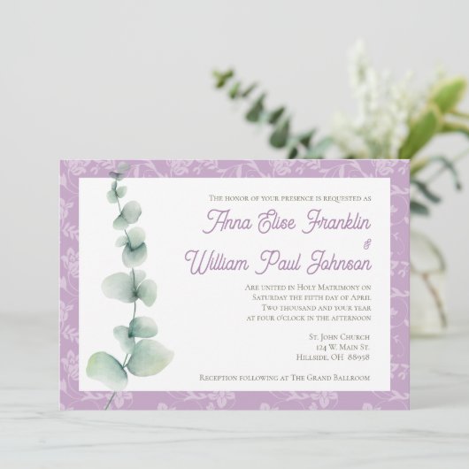 Purple Eucalyptus Floral Wedding Invitation 招待状 (スタンド正面)