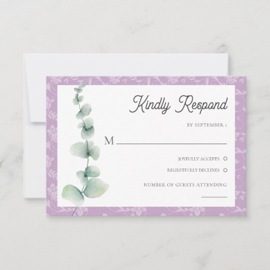 Purple Eucalyptus Floral Wedding RSVP Card 招待状 (正面)