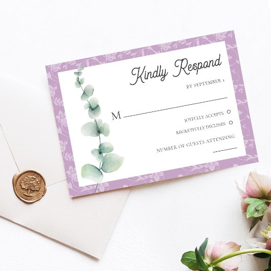 Purple Eucalyptus Floral Wedding RSVP Card 招待状