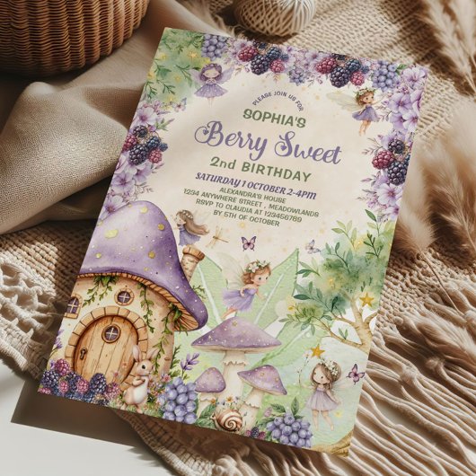 Purple Fairy Berry Sweet 2nd Birthday Invitation 招待状