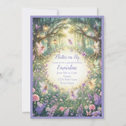  Purple Fairy Floral Woodland Birthday Invitation 招待状 (正面)