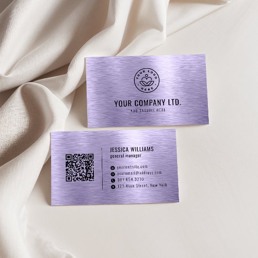 Purple Faux Brushed Metal Professional QR Code 名刺