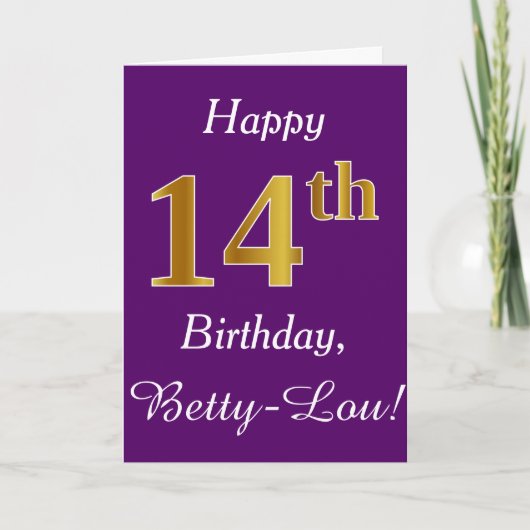 Purple, Faux Gold 14th Birthday + Custom Name カード (正面)
