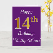 Purple, Faux Gold 14th Birthday + Custom Name カード (黄色い花)