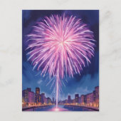 Purple Fireworks | Happy New Year Watercolor ポストカード (正面)