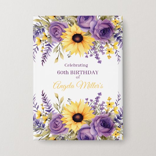 Purple floral 60th birthday party 缶バッジ (正面)