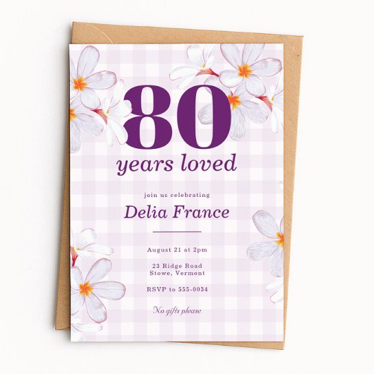 Purple Floral 80 Years Loved Birthday Party 招待状