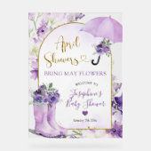 Purple Floral April Showers Welcome アクリルサイン (正面)