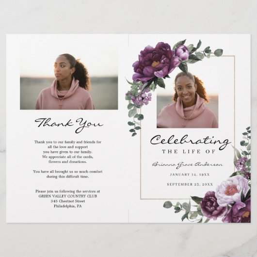 Purple Floral Bi-Fold Funeral Program Template チラシ (正面)
