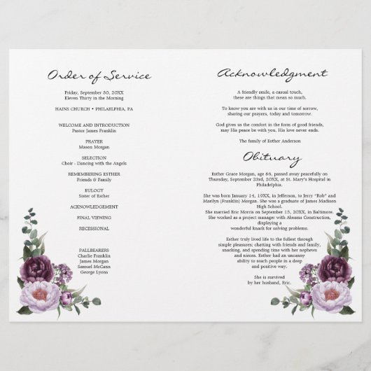 Purple Floral Bi-Fold Funeral Program Template チラシ (裏面)