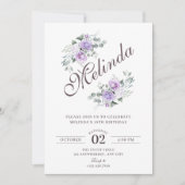 Purple floral birthday 招待状 (正面)