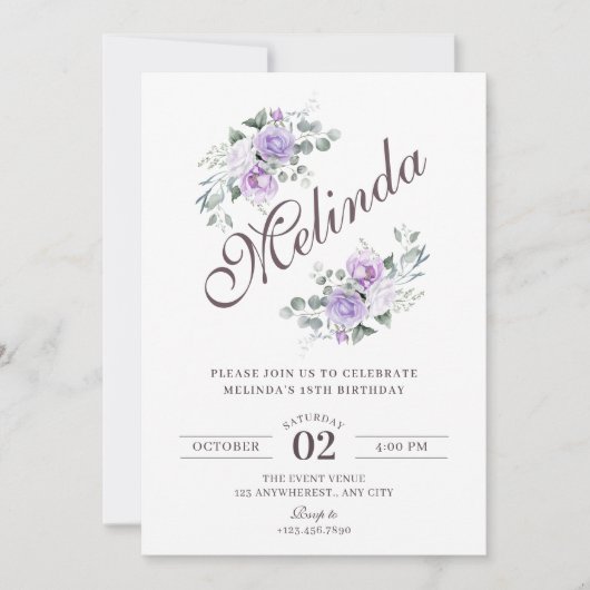 Purple floral birthday 招待状 (正面)