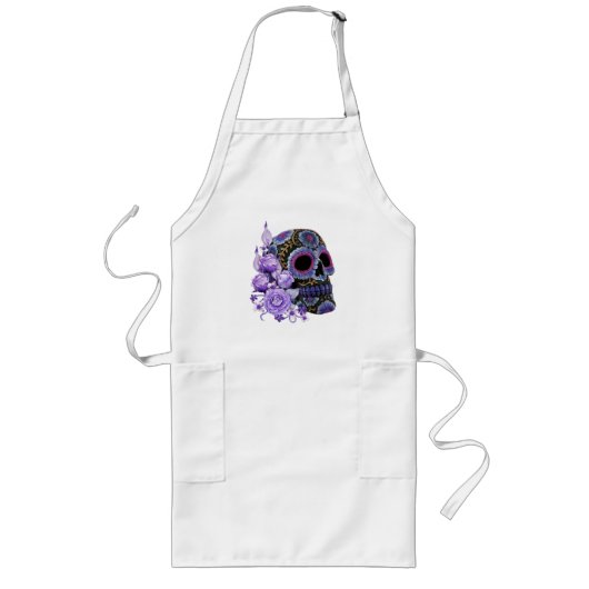 Purple Floral Black Sugar Skull Day Of The Dead ロングエプロン (正面)