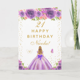Purple Floral Blonde Hair Girl Birthday カード