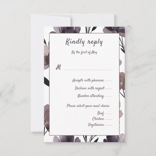 Purple Floral Botanical Wedding 出欠カード (正面)