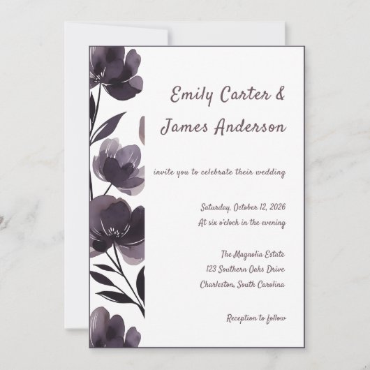 Purple Floral Botanical Wedding 招待状 (正面)