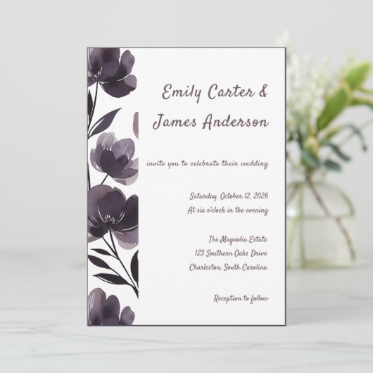 Purple Floral Botanical Wedding 招待状 (スタンド正面)