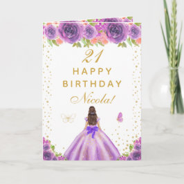 Purple Floral Brunette Hair Girl Birthday カード