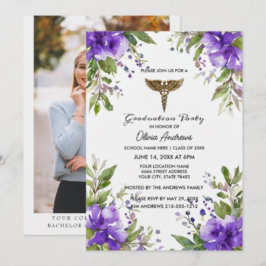 Purple Floral BSN Nursing Graduation Invitation |  招待状 (正面/裏面)