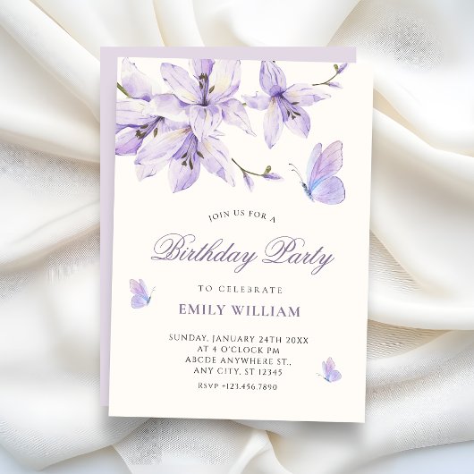 Purple floral butterfly birthday 招待状