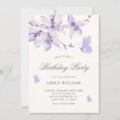 Purple floral butterfly birthday 招待状 (正面)