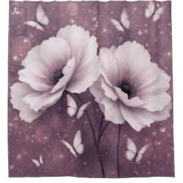 Purple Floral Butterfly Shower Curtain シャワーカーテン