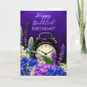 Purple Floral Clock Belated Birthday Card カード (正面)