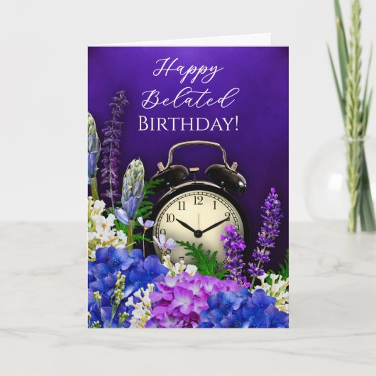 Purple Floral Clock Belated Birthday Card カード (正面)