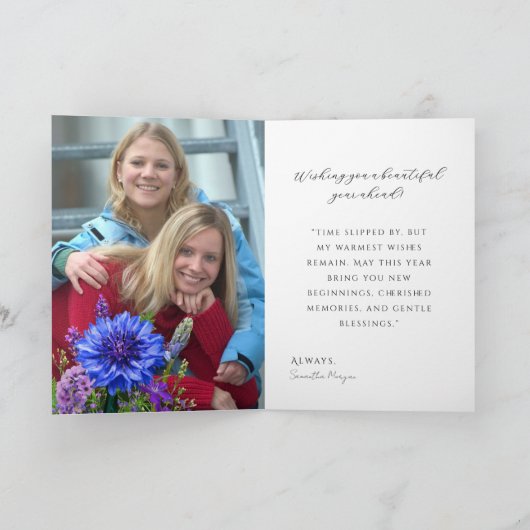 Purple Floral Clock Belated Birthday Card カード (内部)