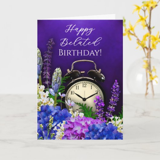 Purple Floral Clock Belated Birthday Card カード (黄色い花)