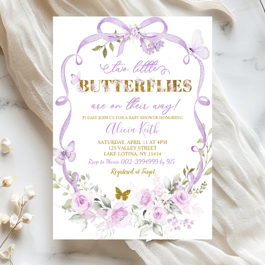 Purple Floral Coquette Twins Butterfly Baby Shower 招待状