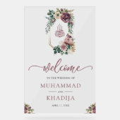 Purple Floral Crest Muslim Wedding Welcome アクリルサイン (正面)