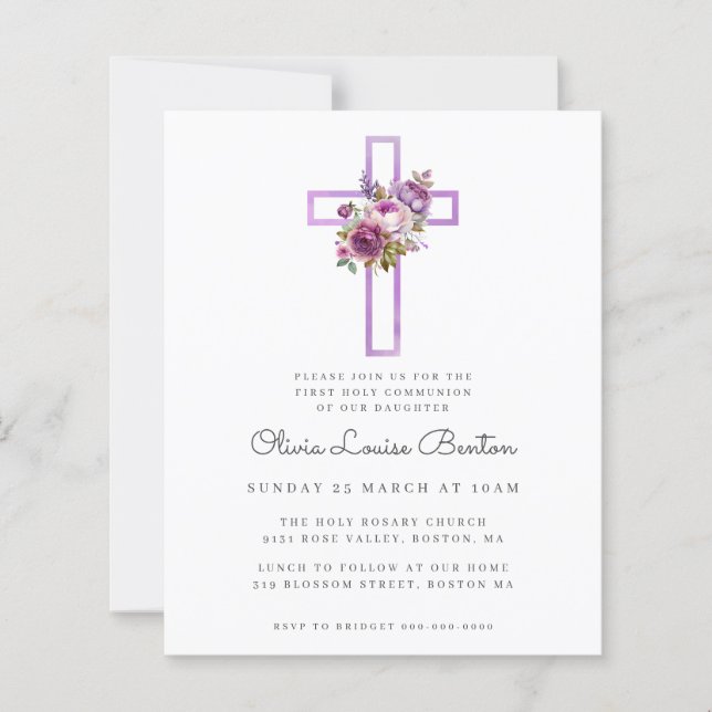 Purple Floral Cross First Communion Invitation (正面)
