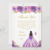 Purple Floral Dark Skin Princess Birthday Party サンキューカード (正面)