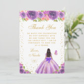 Purple Floral Dark Skin Princess Birthday Party サンキューカード (スタンド正面)