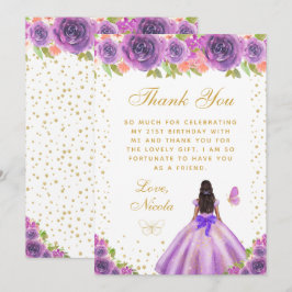 Purple Floral Dark Skin Princess Birthday Party サンキューカード