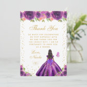 Purple Floral Dark Skin Princess Birthday Party サンキューカード (スタンド正面)